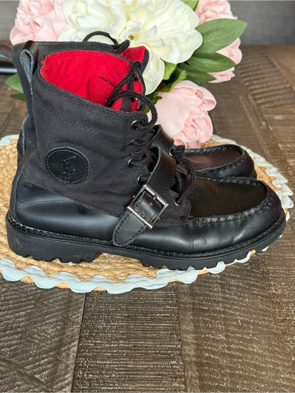 Polo by Ralph Lauren Black Leather & Canvas Boots with Red Lining